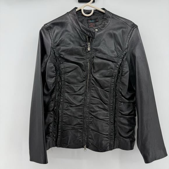 D Studio Black 100% Leather Moto jacket Size 12 With Rouching Blazer Y2K 90s - Picture 1 of 11